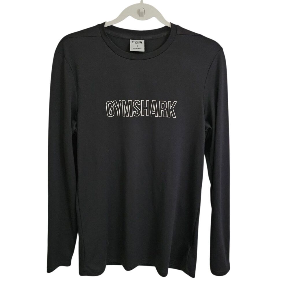 Gymshark Top Mens Small Black Arrival Graphic Logo Long Sleeve T-Shirt Slim Fit